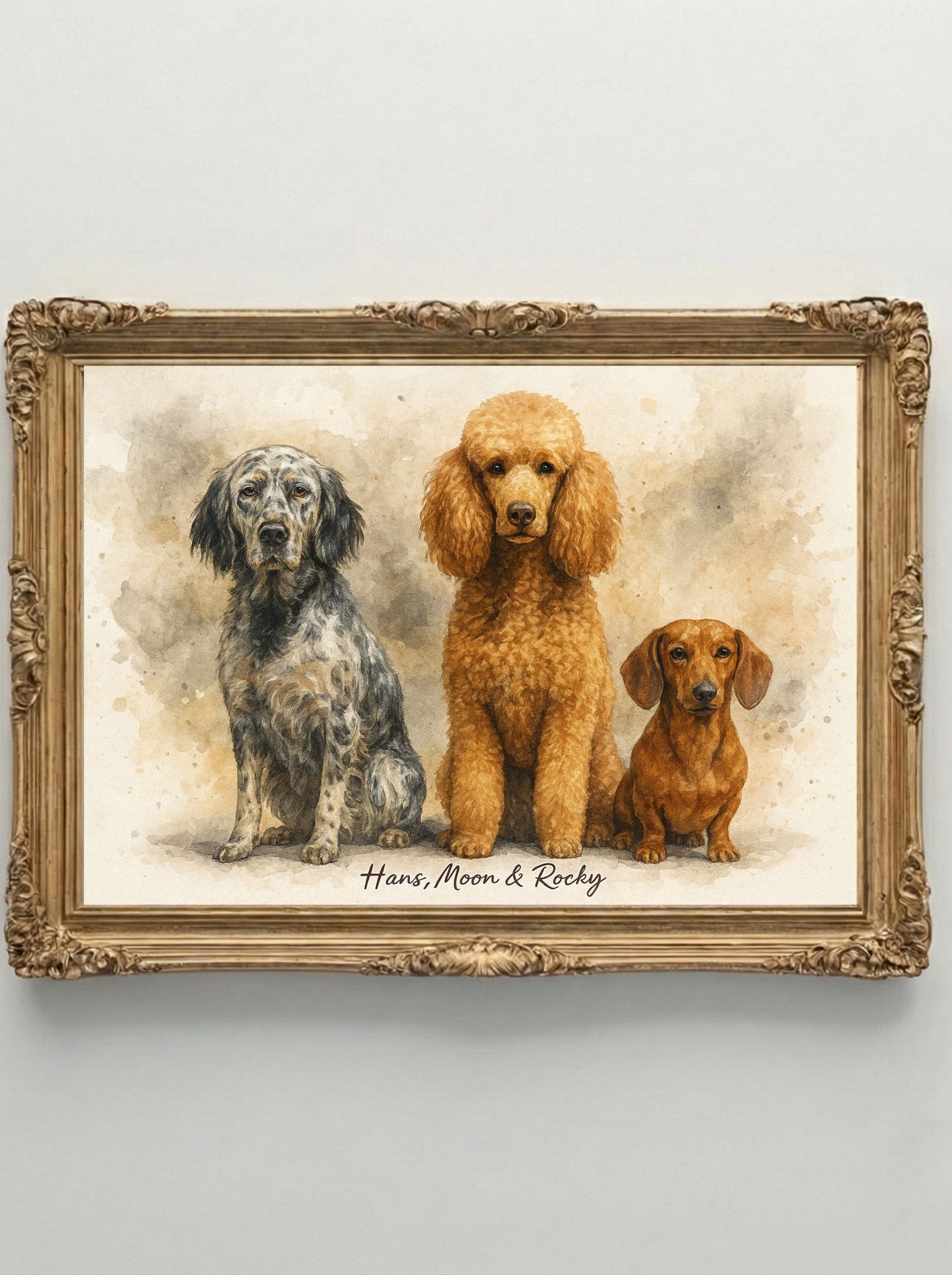 Retrato Enmarcado Mascota Personalizado| Arte Retrato| Estilo Acuarela 3 Mascotas Negro