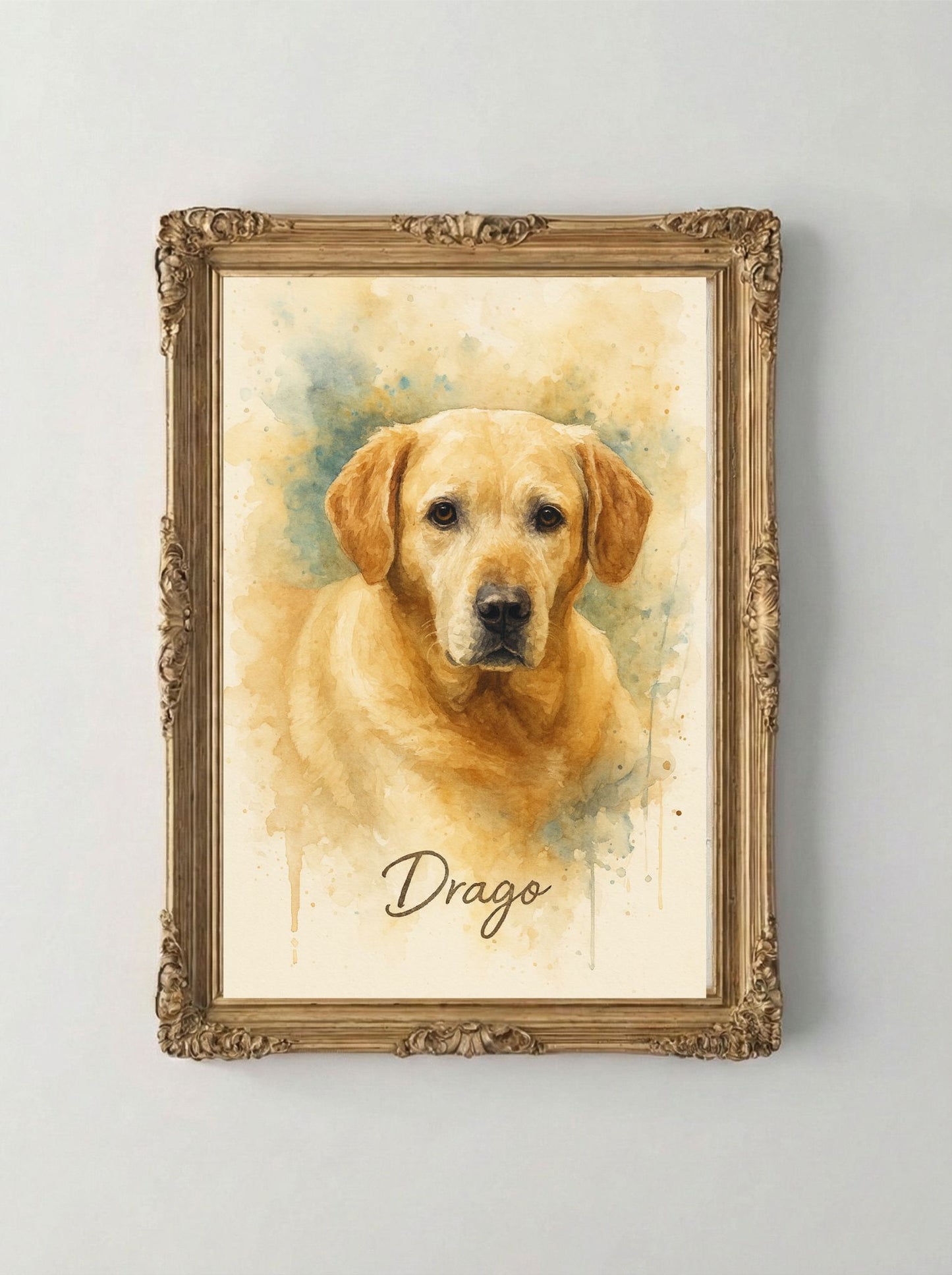 Retrato Enmarcado Mascota Personalizado Estilo Acuarela | Azul Amarillo