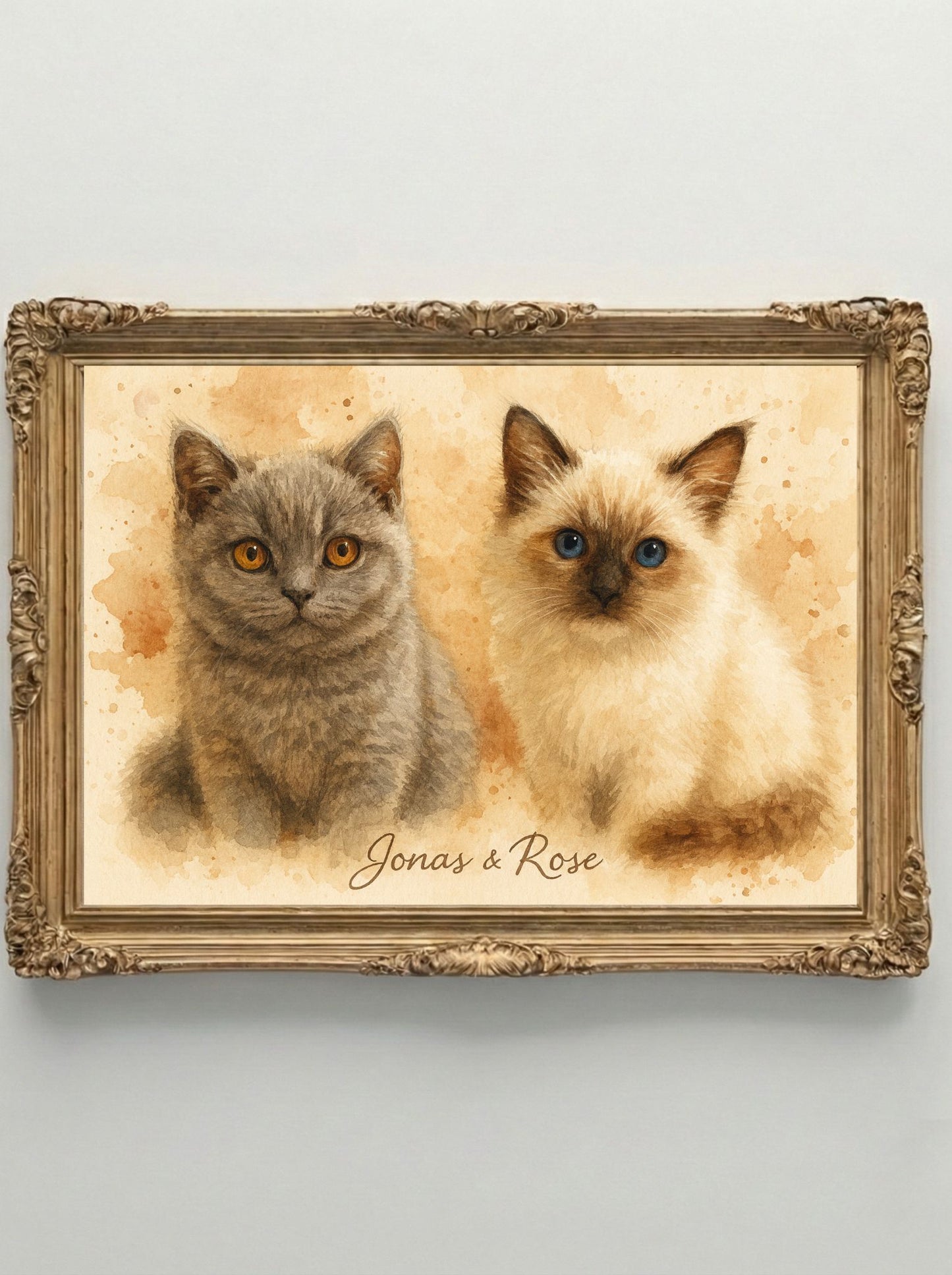 Retrato Enmarcado Mascota Personalizado| Arte Retrato| Estilo Acuarela 2 Mascotas Beige Terra