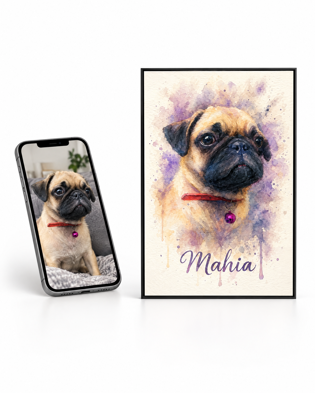 Antes: foto de celular de un pug. Después: su retrato enmarcado