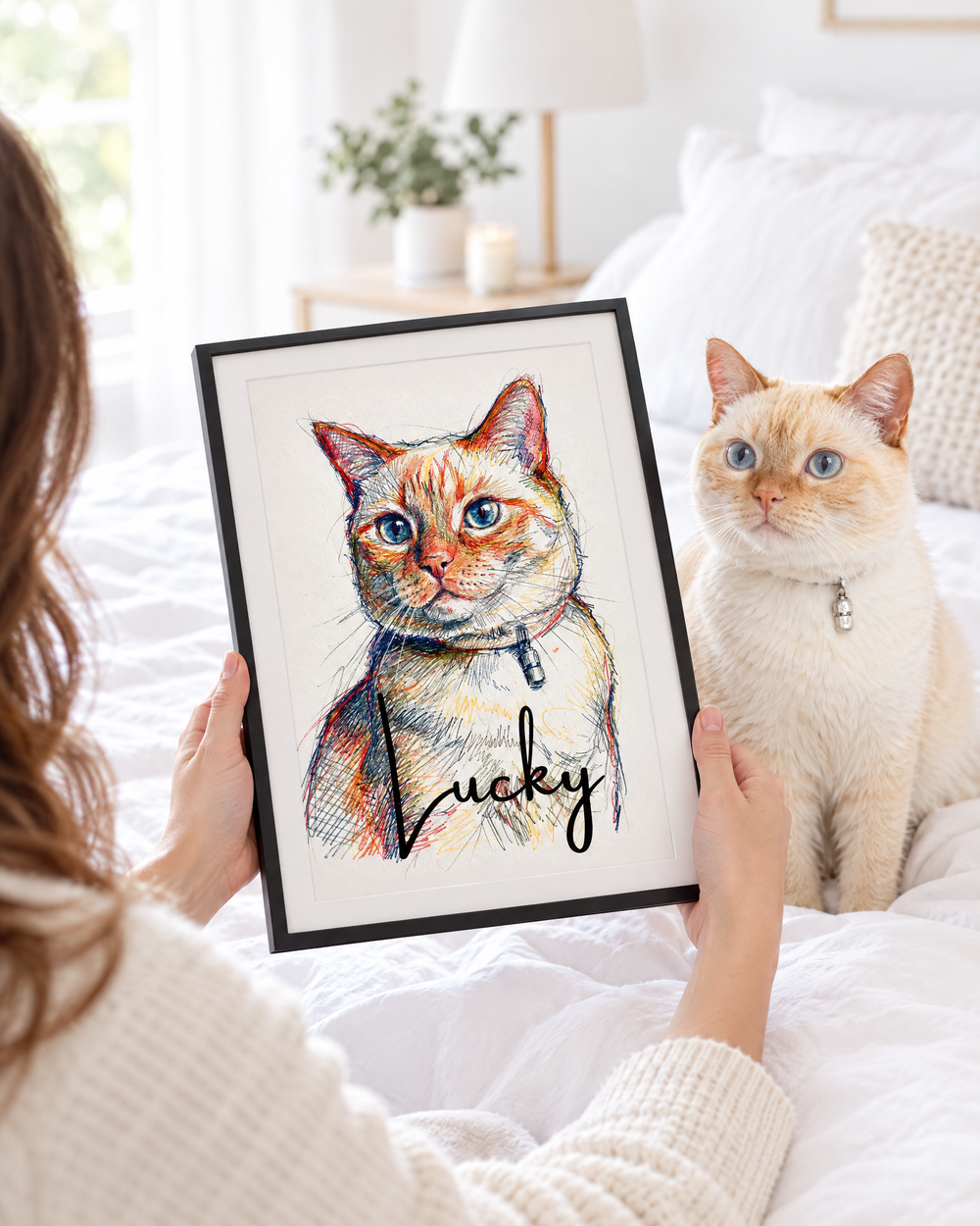 Persona recibe el retrato de su gato Lucky