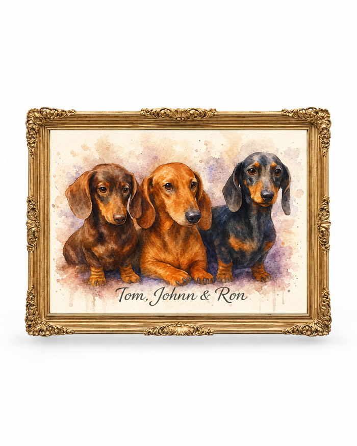 Retrato de tres dachshunds en marco dorado