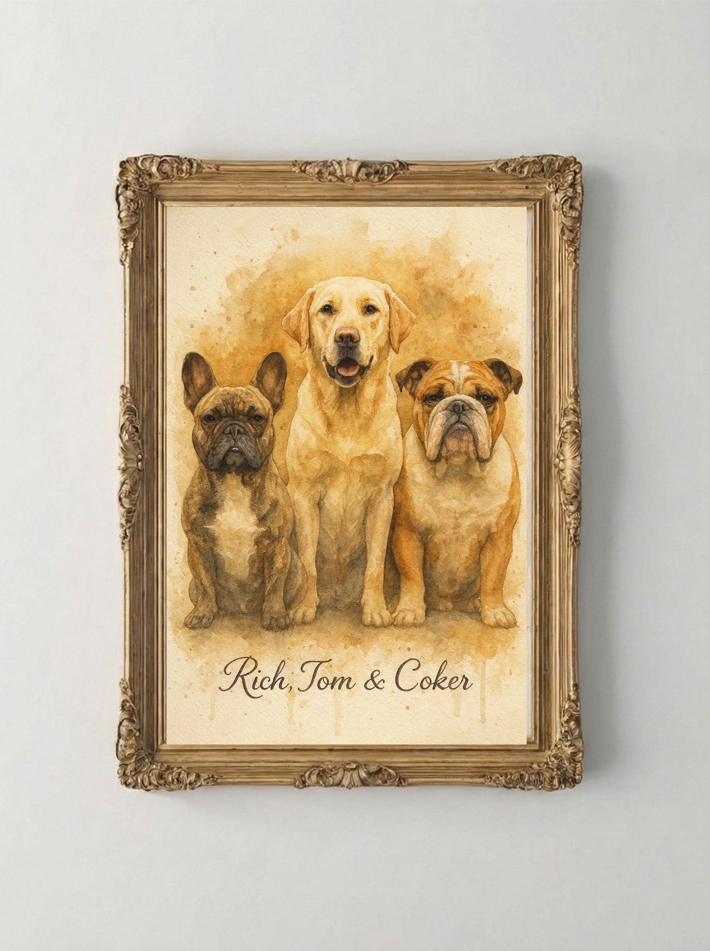 Retrato Enmarcado Mascota Personalizado| Arte Retrato| Estilo Acuarela 3 Mascotas Terra Beige