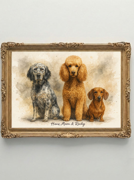 Retrato Enmarcado Mascota Personalizado| Arte Retrato|  Estilo Acuarela 3 Mascotas Negro