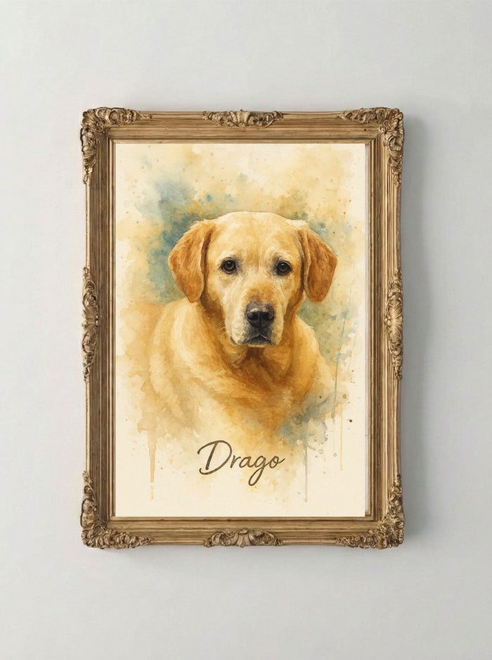 Retrato Enmarcado Mascota Personalizado Estilo Acuarela | Azul Amarillo