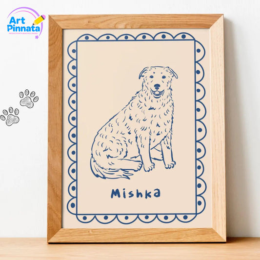 Retrato Enmarcado Mascota Personalizado| Arte Retrato| Estilo Retro simple Azul