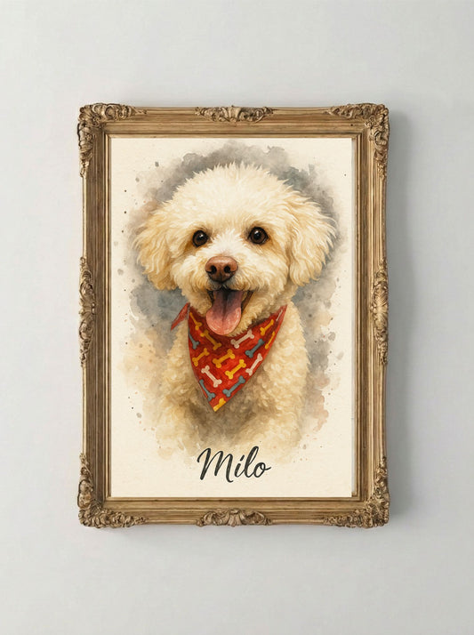 Retrato Enmarcado Mascota Personalizado Estilo Acuarela | Negro