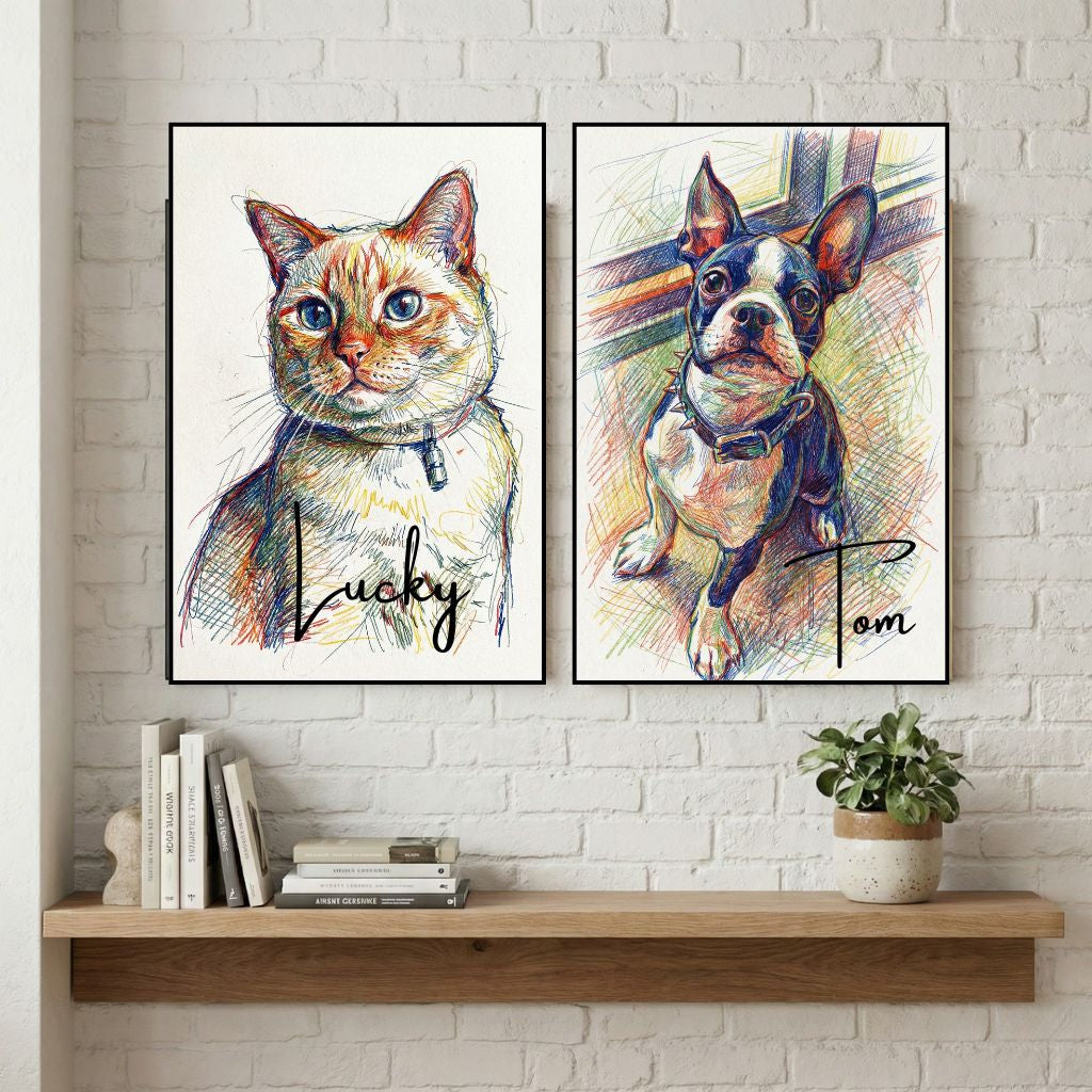 Retrato Enmarcado Mascota Personalizado| Arte Retrato|  Estilo Lapiz Multicolor