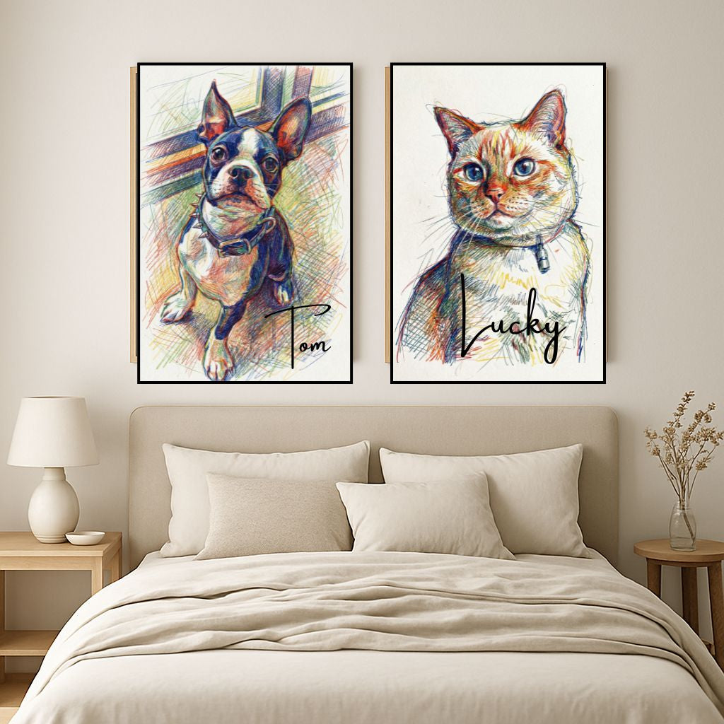 Retrato Enmarcado Mascota Personalizado| Arte Retrato|  Estilo Lapiz Multicolor