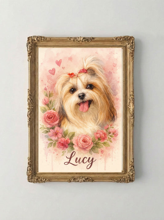 Retrato de Mascota Enmarcado Personalizado| Floral Rosado