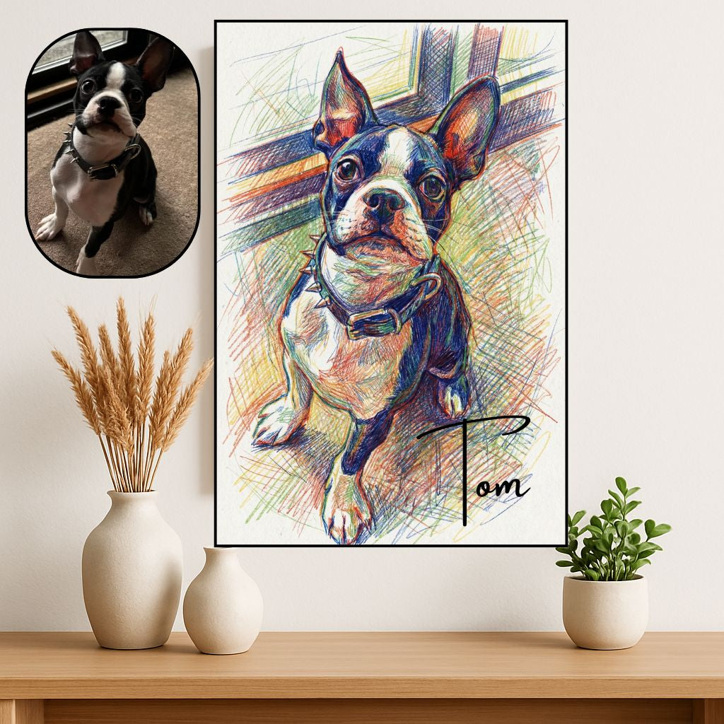 Retrato Enmarcado Mascota Personalizado| Arte Retrato|  Estilo Lapiz Multicolor