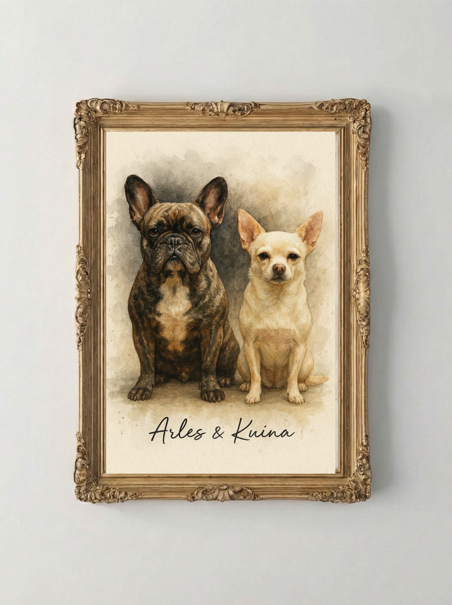 Retrato Enmarcado Mascota Personalizado| Arte Retrato|  Estilo Acuarela 2 Mascotas Negro