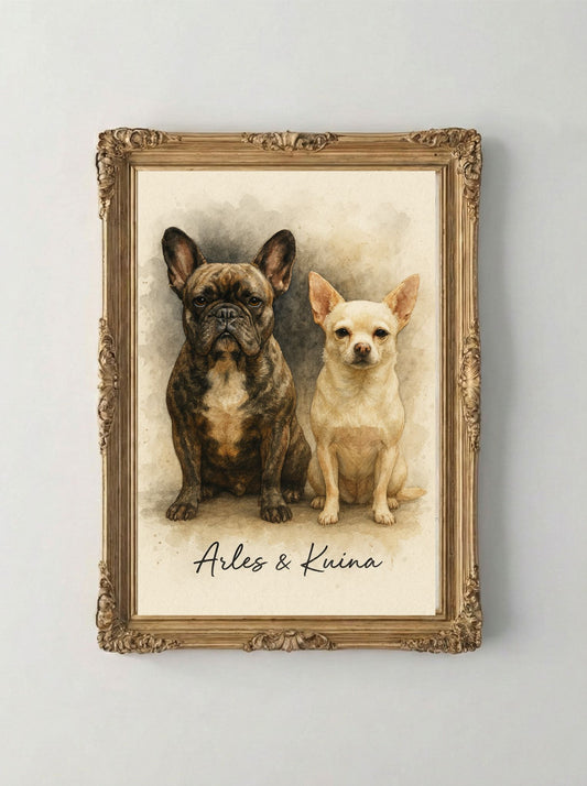 Retrato Enmarcado Mascota Personalizado| Arte Retrato|  Estilo Acuarela 2 Mascotas Negro