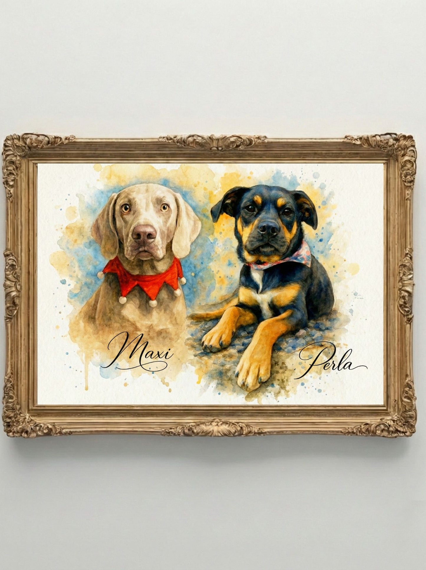 Retrato Enmarcado Mascota Personalizado| Arte Retrato|  Estilo Acuarela 2 Mascotas Azul Amarillo