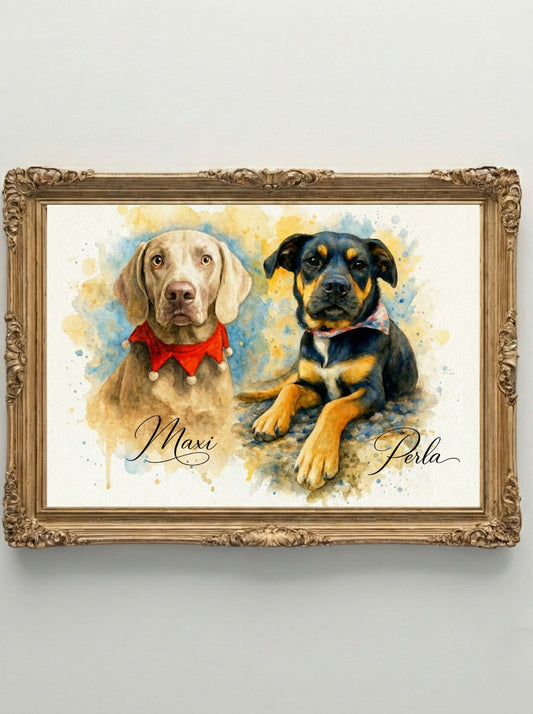 Retrato Enmarcado Mascota Personalizado| Arte Retrato|  Estilo Acuarela 2 Mascotas Azul Amarillo