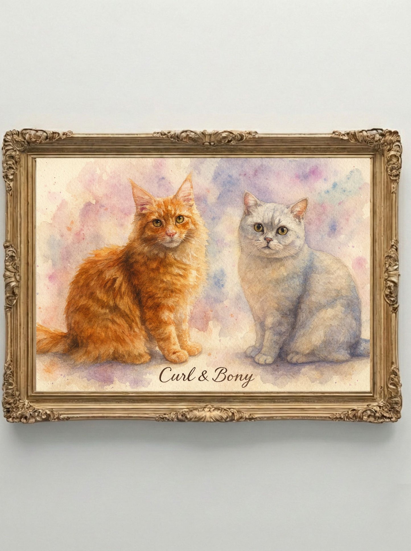 Retrato Enmarcado Mascota Personalizado| Arte Retrato|  Estilo Acuarela 2 Mascotas Rosa