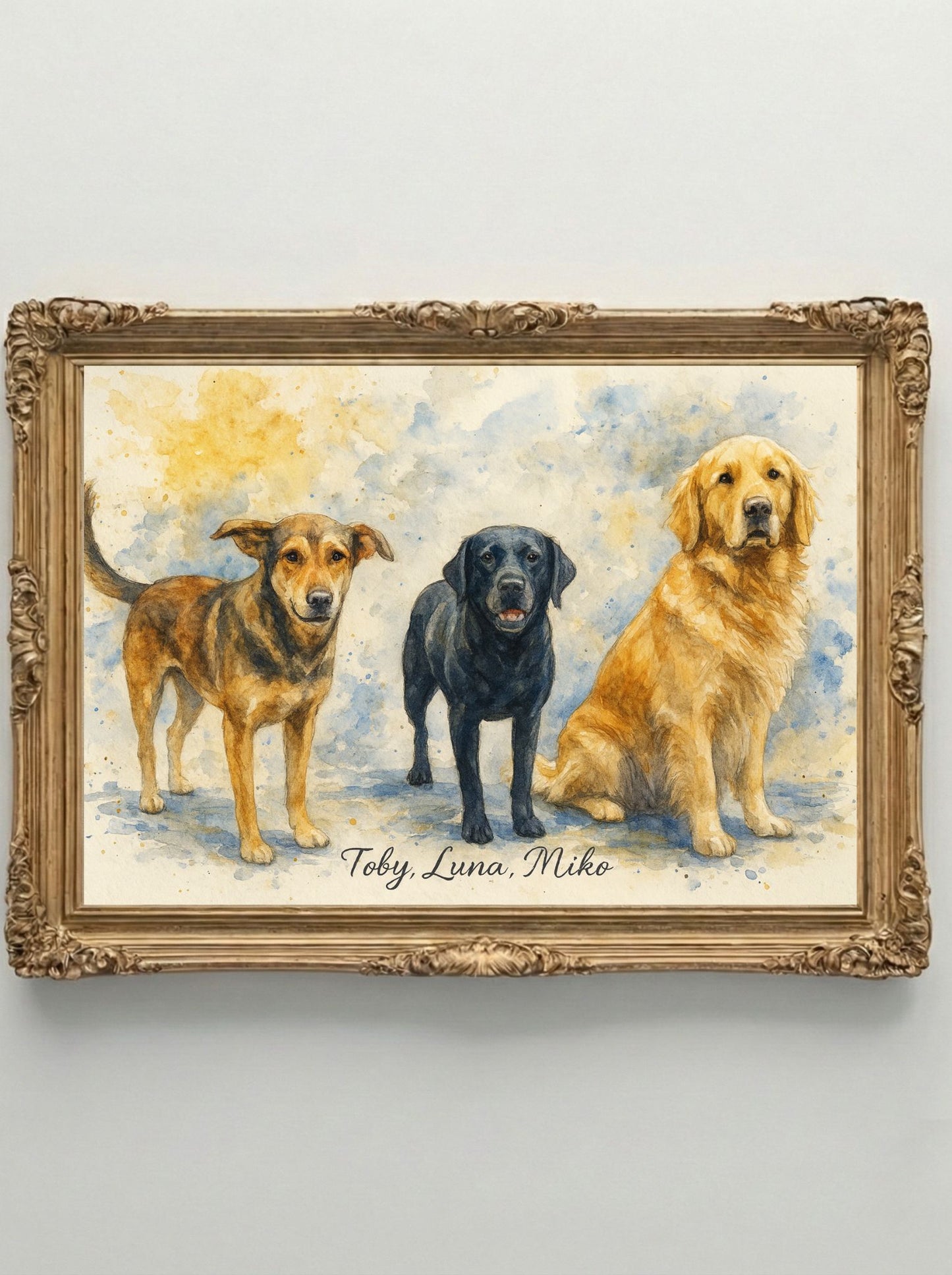 Retrato Enmarcado Mascota Personalizado| Arte Retrato|  Estilo Acuarela 3 Mascotas Azul Amarillo