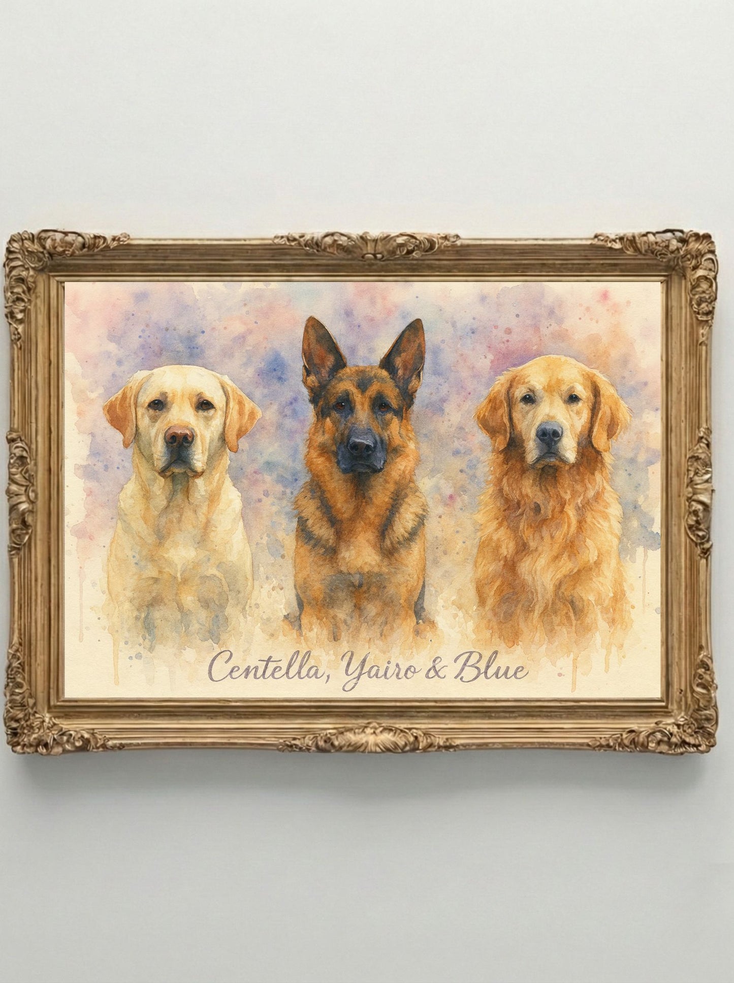 Retrato Enmarcado Mascota Personalizado| Arte Retrato|  Estilo Acuarela 3 Mascotas Rosa