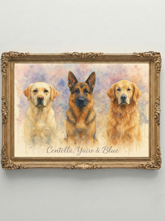 Retrato Enmarcado Mascota Personalizado| Arte Retrato|  Estilo Acuarela 3 Mascotas Rosa