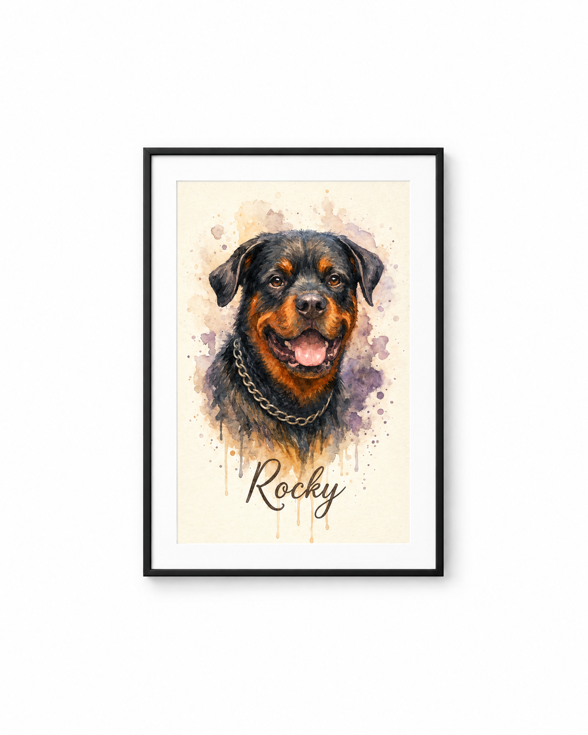 Retrato acuarela del rottweiler Rocky en marco negro