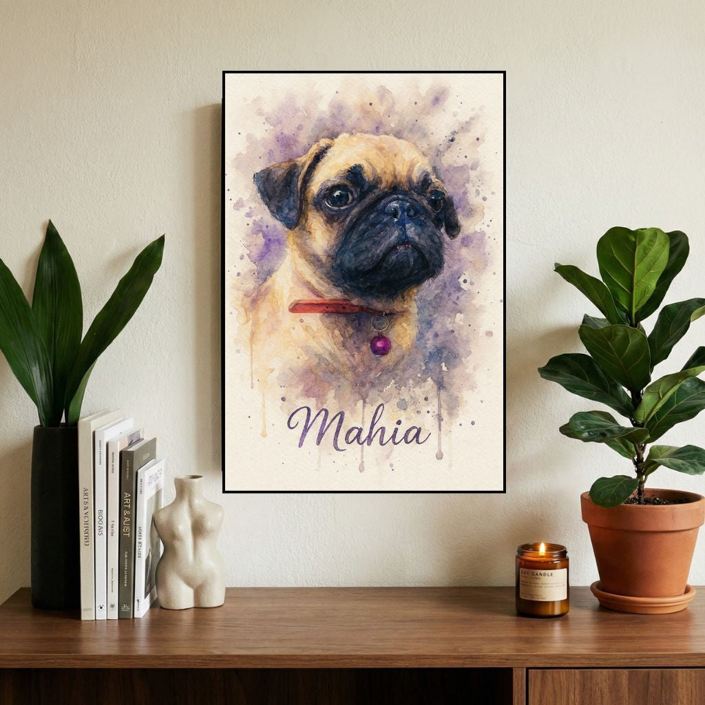 Retrato Enmarcado Mascota Personalizado Estilo Acuarela | Purpura