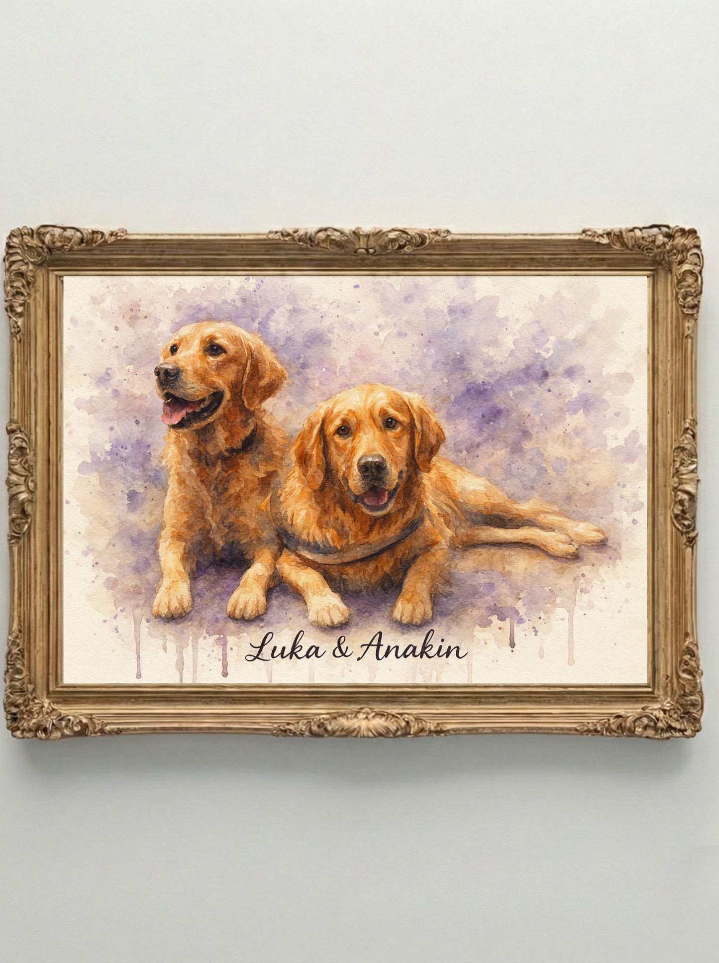 Retrato Enmarcado Mascota Personalizado| Arte Retrato|  Estilo Acuarela 2 Mascotas Purpura