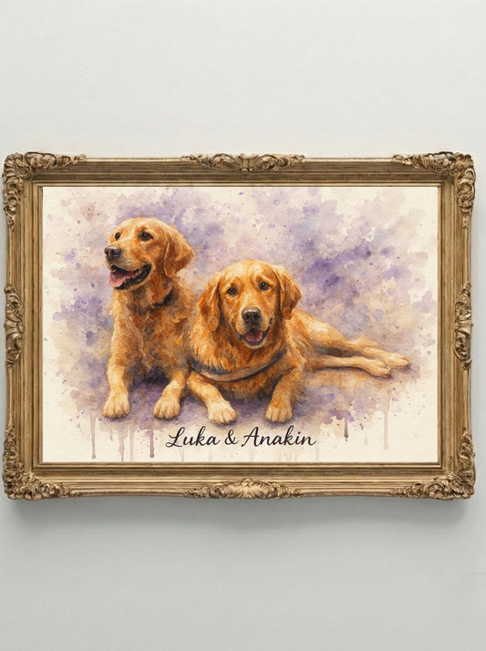Retrato Enmarcado Mascota Personalizado| Arte Retrato|  Estilo Acuarela 2 Mascotas Purpura
